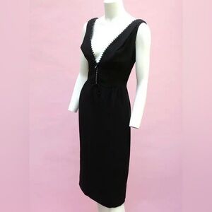 Rare vintage 1960s rayon crepe LBD rhinestone lined zipper deep Neckline